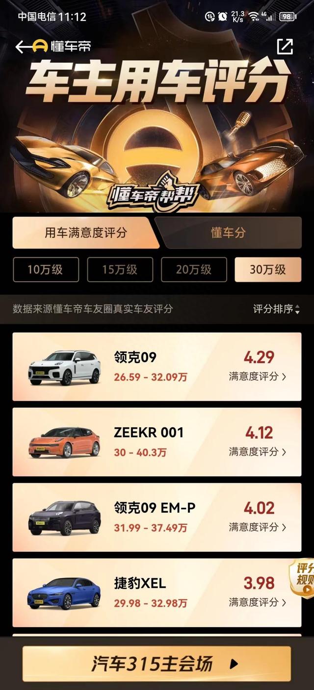 汽车315评分更新，4大价位段排名出炉，法系三款登顶，领克09上榜