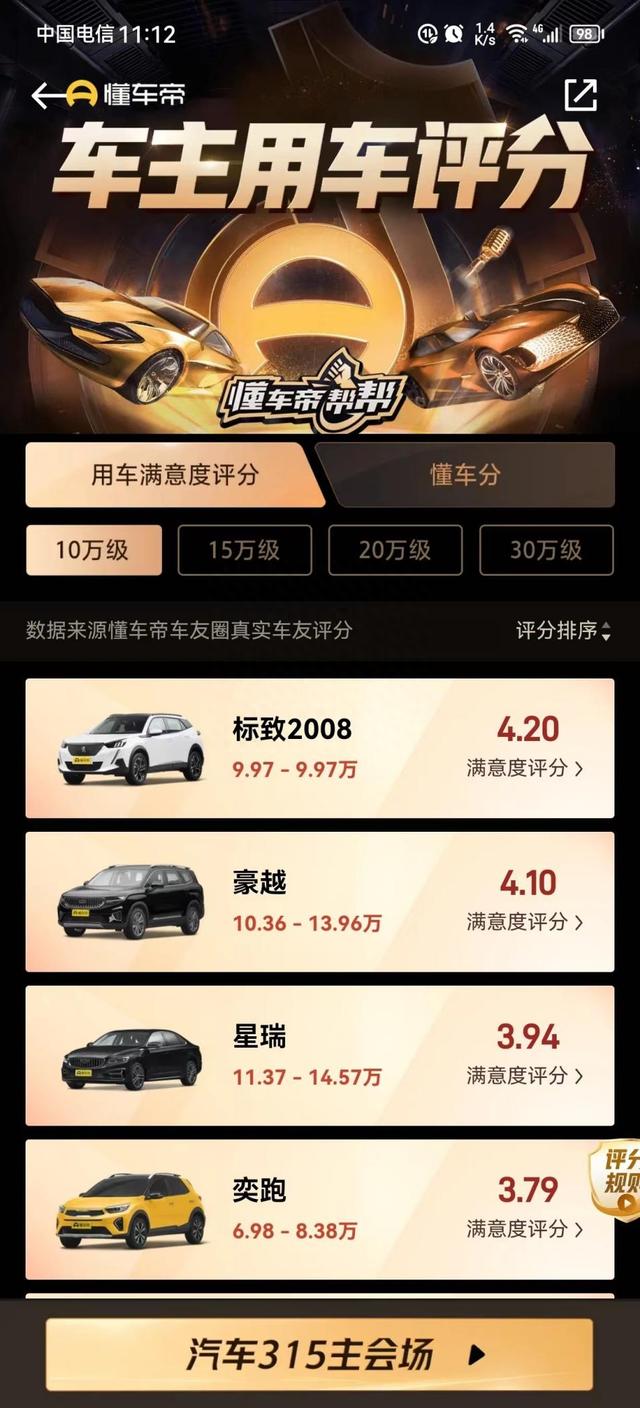 汽车315评分更新，4大价位段排名出炉，法系三款登顶，领克09上榜