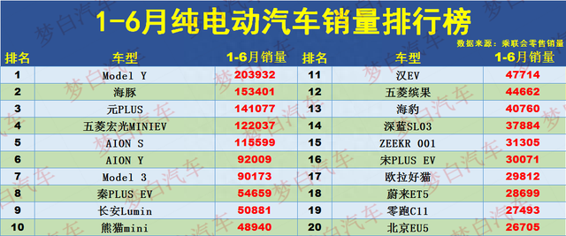 1-6月纯电动汽车销量榜：前十名国产占大半，AION S第5，海豹破4万