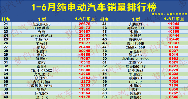 1-6月纯电动汽车销量榜：前十名国产占大半，AION S第5，海豹破4万