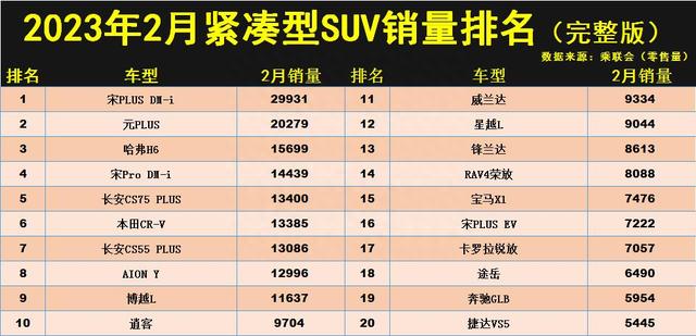 2月紧凑型SUV销量榜：仅9款破万，哈弗H6、博越L前十，皓影仅排25