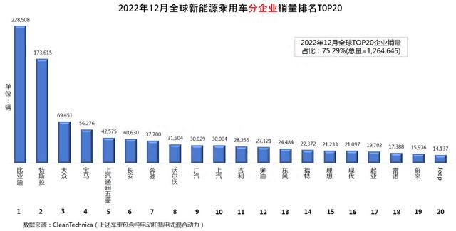 全球新能源汽车销量排名(2022年全年)：全球销冠还得看中国