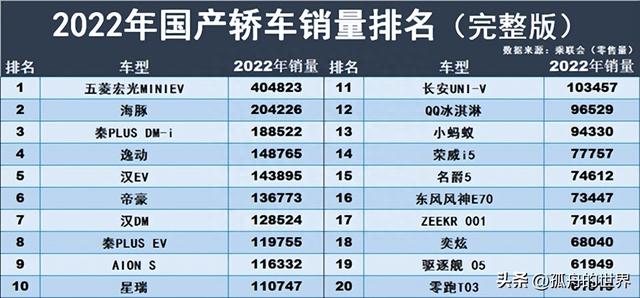 2022年中国轿车（国产、合资、进口）销量排名Top20