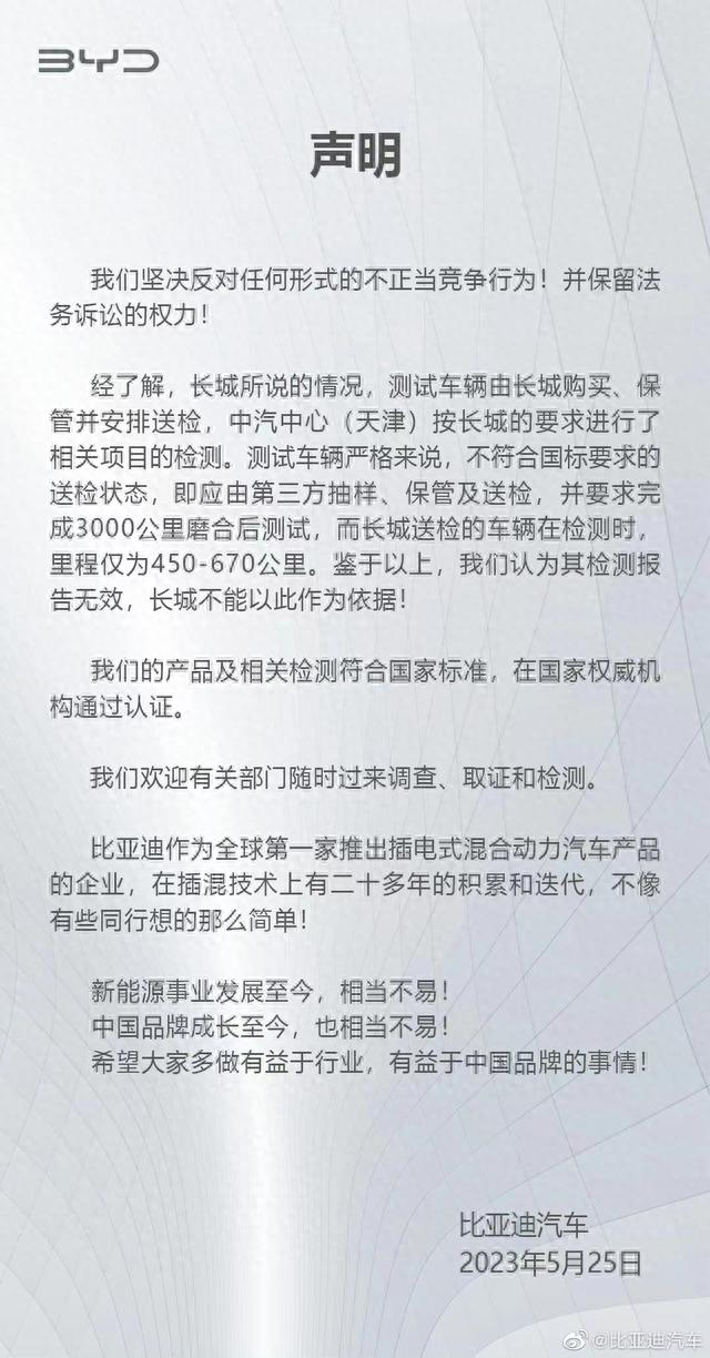 长城汽车与比亚迪的三封声明：正面开战与火速反击