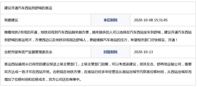 网友建议合肥汽车西站开通到舒城客运 国资委回复