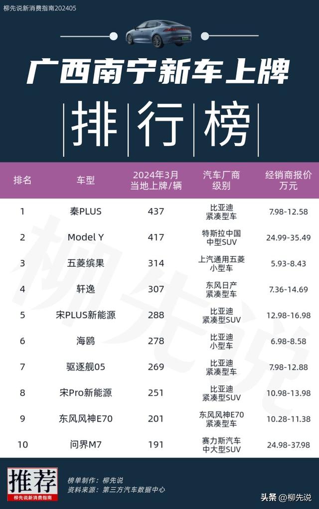 广西南宁销量第一的车型：月上牌量437辆，击退Model Y、五菱缤果