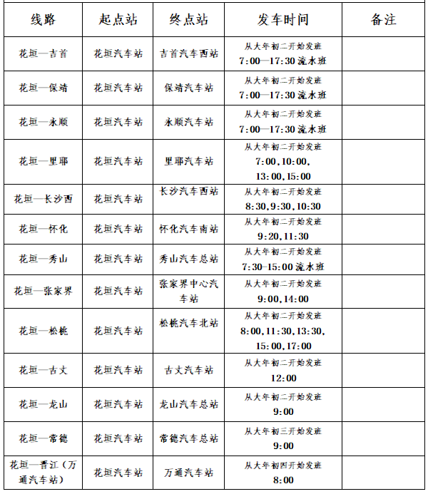 湘西湘运各县市客运站2023年春节期间班次信息