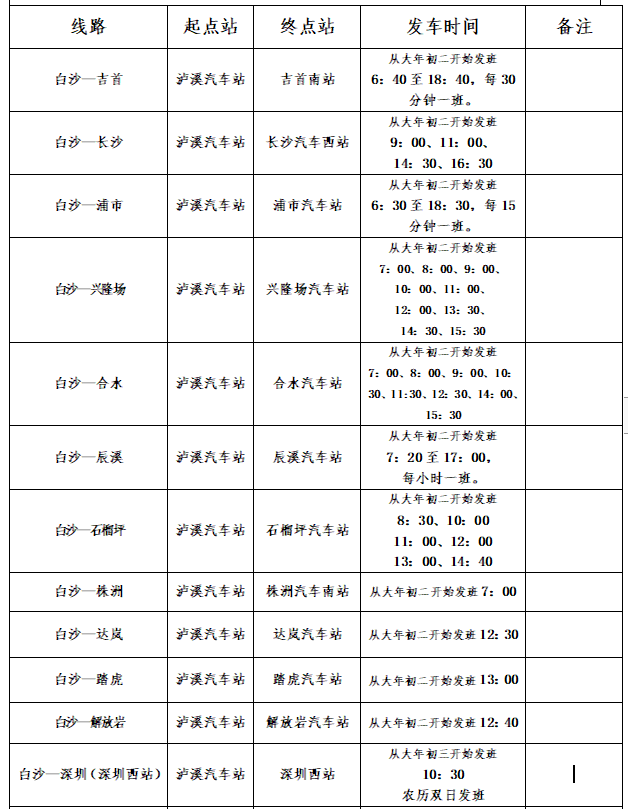 湘西湘运各县市客运站2023年春节期间班次信息