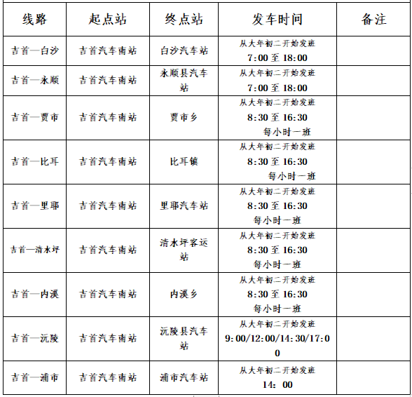 湘西湘运各县市客运站2023年春节期间班次信息