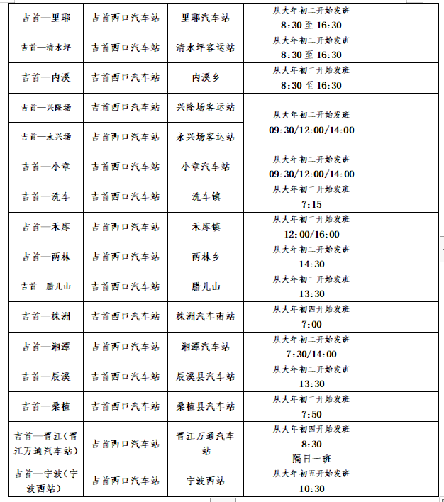 湘西湘运各县市客运站2023年春节期间班次信息