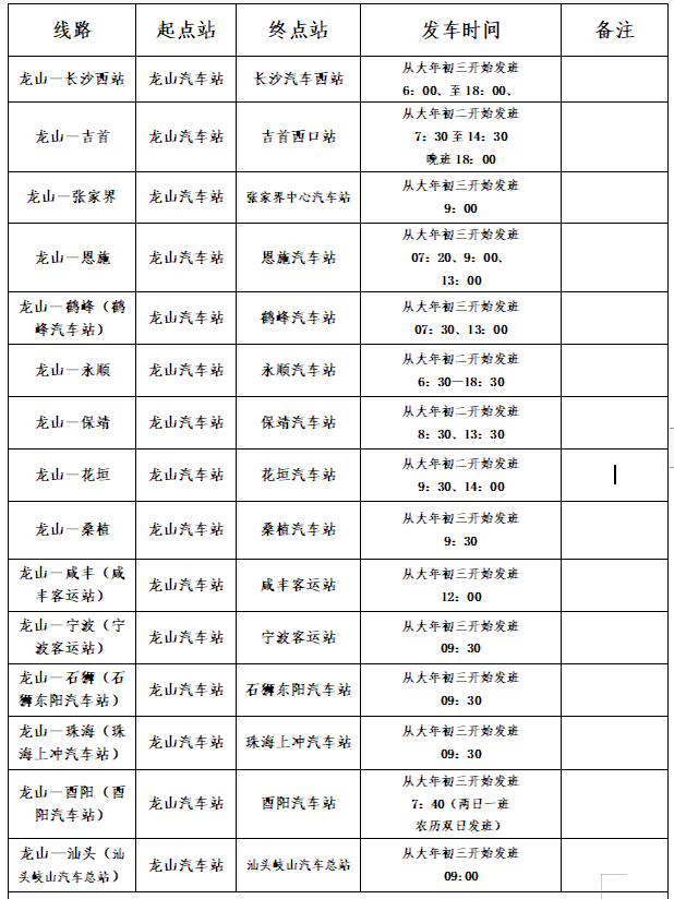 湘西湘运各县市客运站2023年春节期间班次信息